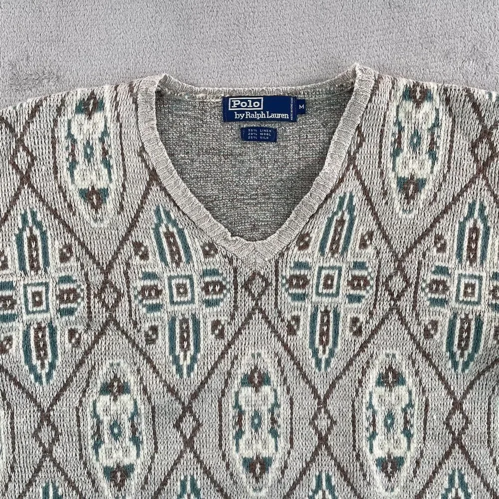 Vintage Polo Ralph Lauren V Neck Sweater Men Medium Aztec Navajo Linen Wool Silk